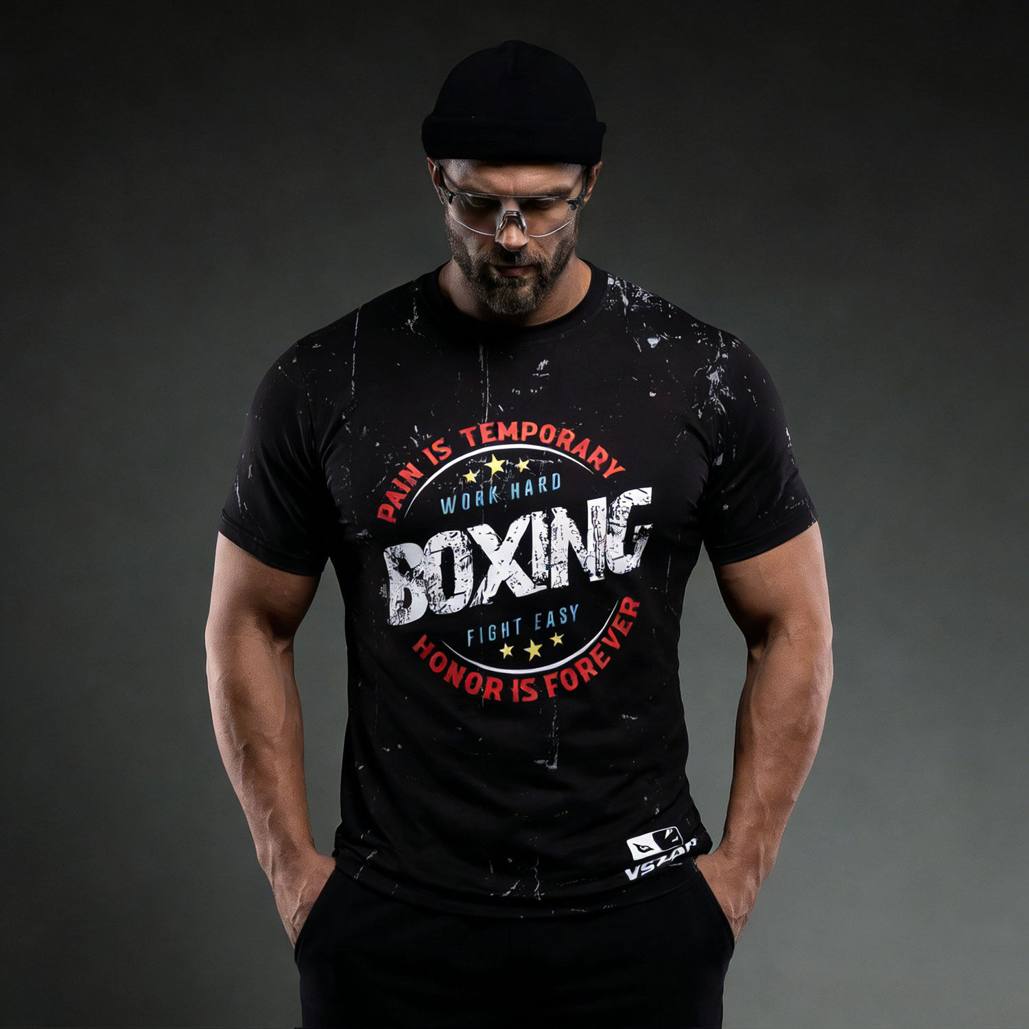 VSZAP速干美式风大码短袖T恤男黑色字母印花健身训练服摇滚风体恤