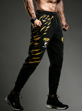 VSZAP运动休闲男士健身卫裤修身束脚裤黑金印花质感大码美式长裤