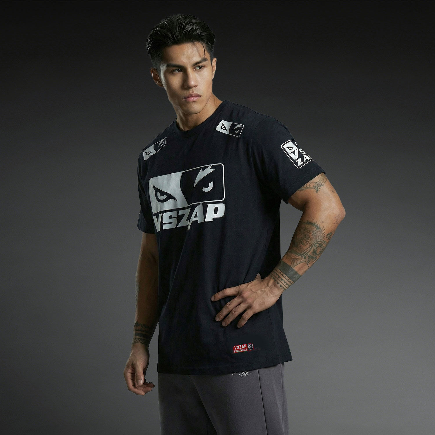 VSZAP狼眼睛运动潮牌短袖T恤男黑色跑步健身房日常穿练纯棉上衣
