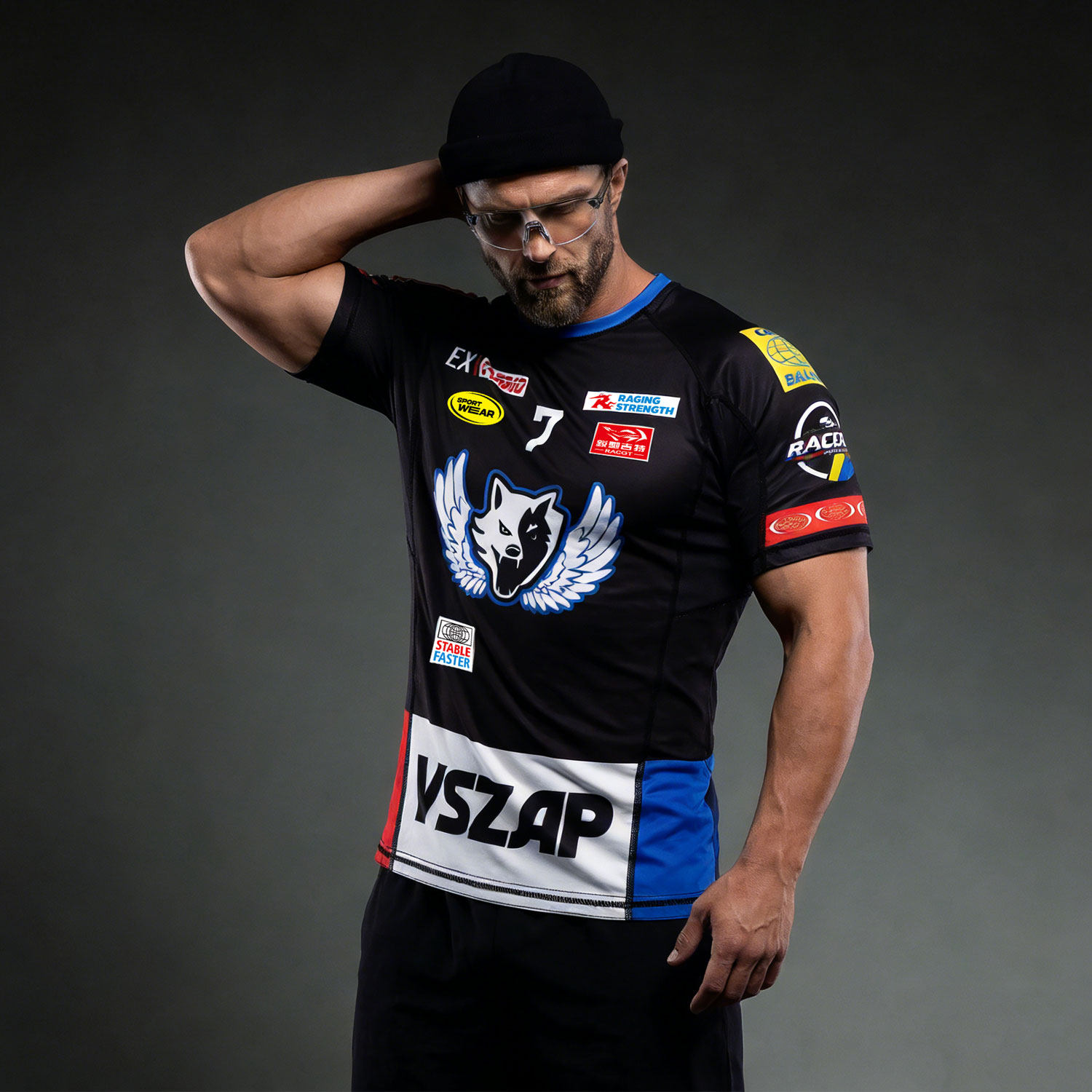 VSZAP运动紧身衣短袖T恤男黑色翅膀印花撞色拼接机车健身房训练服