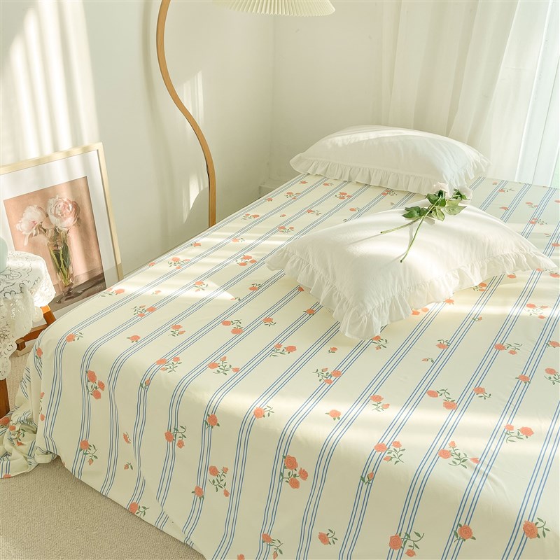 卡萨布兰卡 原创玫瑰蓝条纹复古全棉单件床单床S笠被单定制单双人