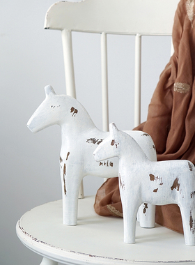 做旧木马摆件 玄关装饰物 茶几台面装饰品 木质装饰品软装 做旧白