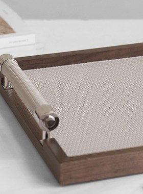 现代简约胡桃木几何托盘摆件样板间售楼处收纳盘客厅卧室软装饰品