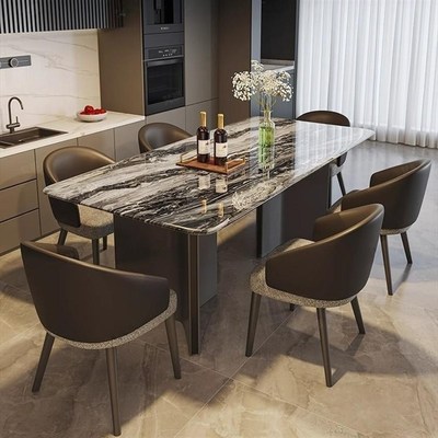 威尼斯棕轻奢大理石餐桌高级感餐桌椅组合家用超晶石长方形饭桌子