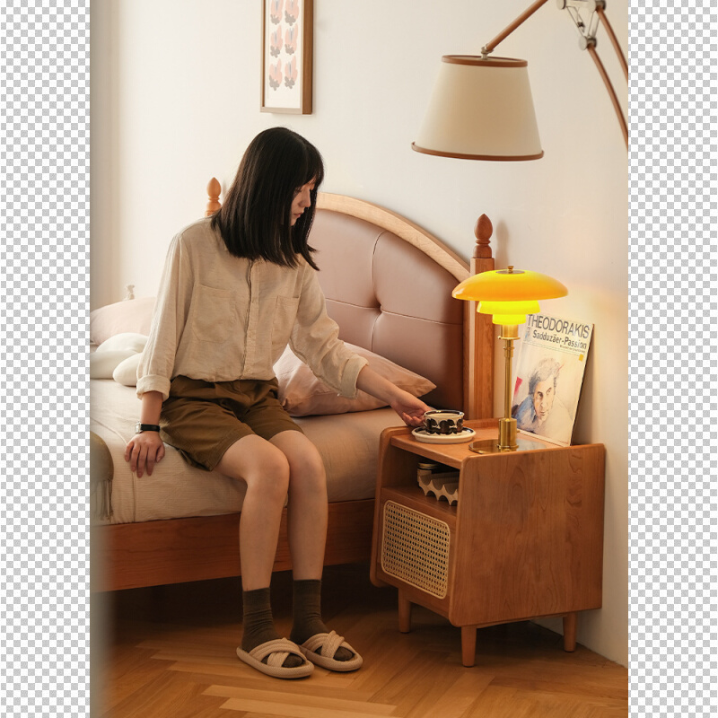 实木藤编床头柜樱桃木日式家具简约床头置物柜收纳柜储物北欧风