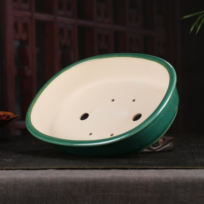 宜兴紫砂花盆大号简约创意圆形冰裂浅盆桌面多肉盆景装饰YD09