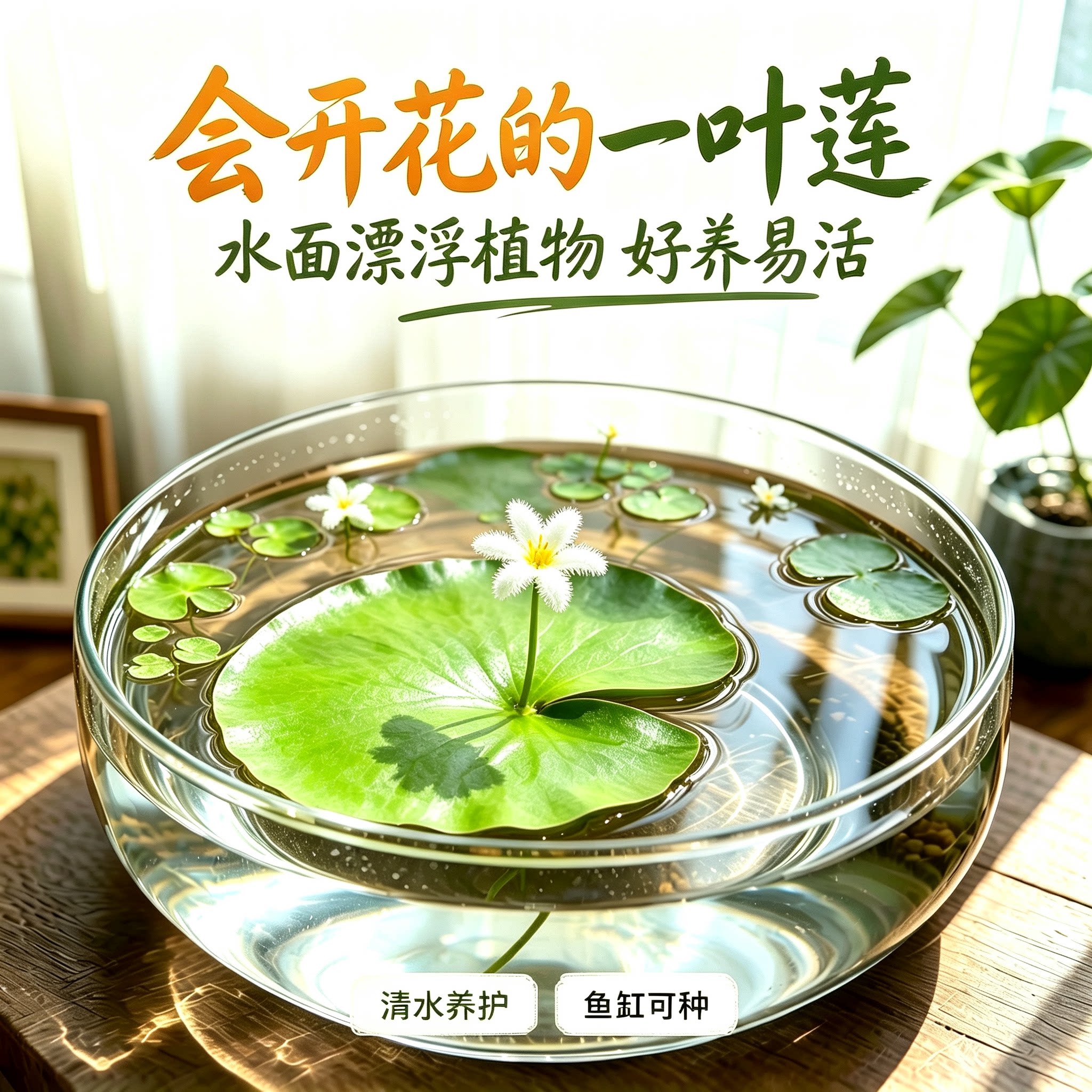 一叶莲浮萍水草水培植物鱼缸碗莲和鱼共养缸迷你绿植水莲花除甲醛