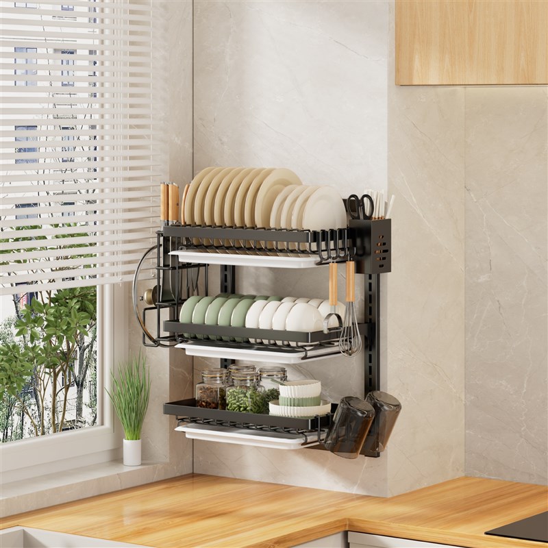 免打孔厨房置物架多层碗架收纳架多功能碗筷碗盘墙上壁挂式沥水架