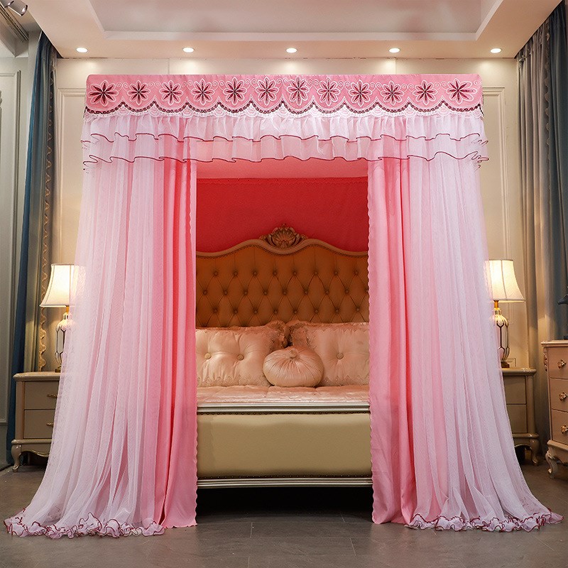 双层双杆公主风三开门床幔落地蚊帐床帘床幔绣花花边不锈钢支架6