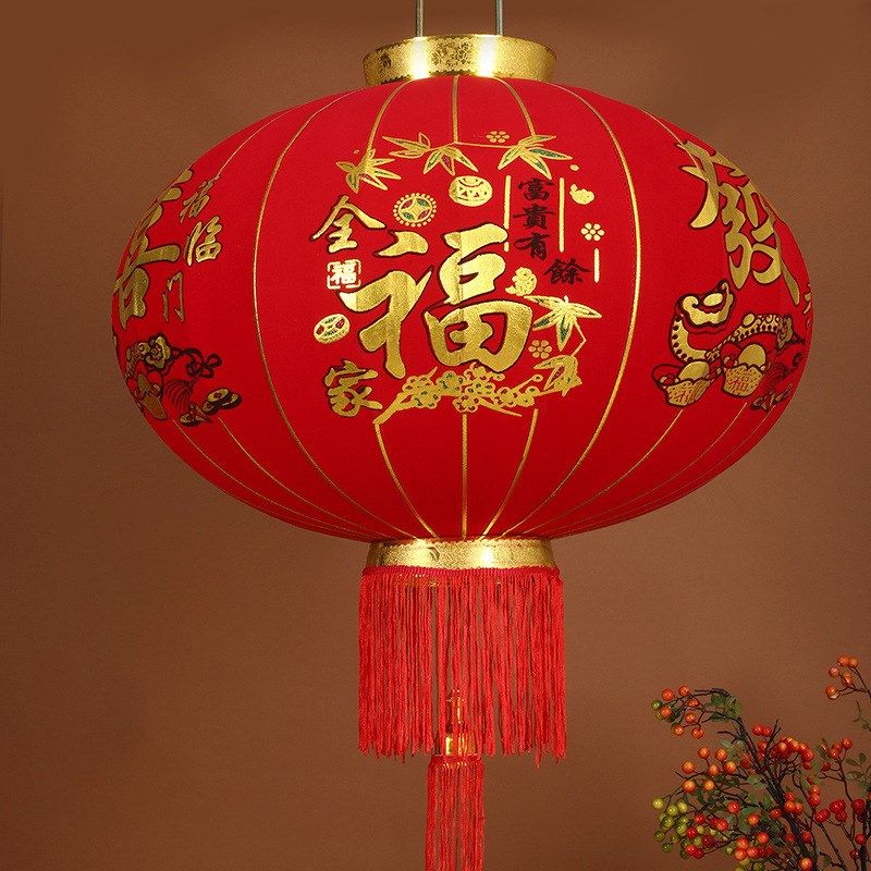 春节挂饰灯笼植绒灯笼中式大红灯笼节庆装饰直杆款灯笼带流苏吊灯