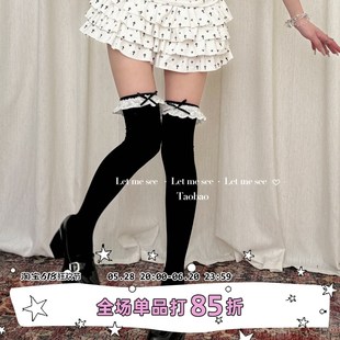 日系洛丽塔花边小腿女袜 少女蝴蝶结黑色棉过膝大腿袜