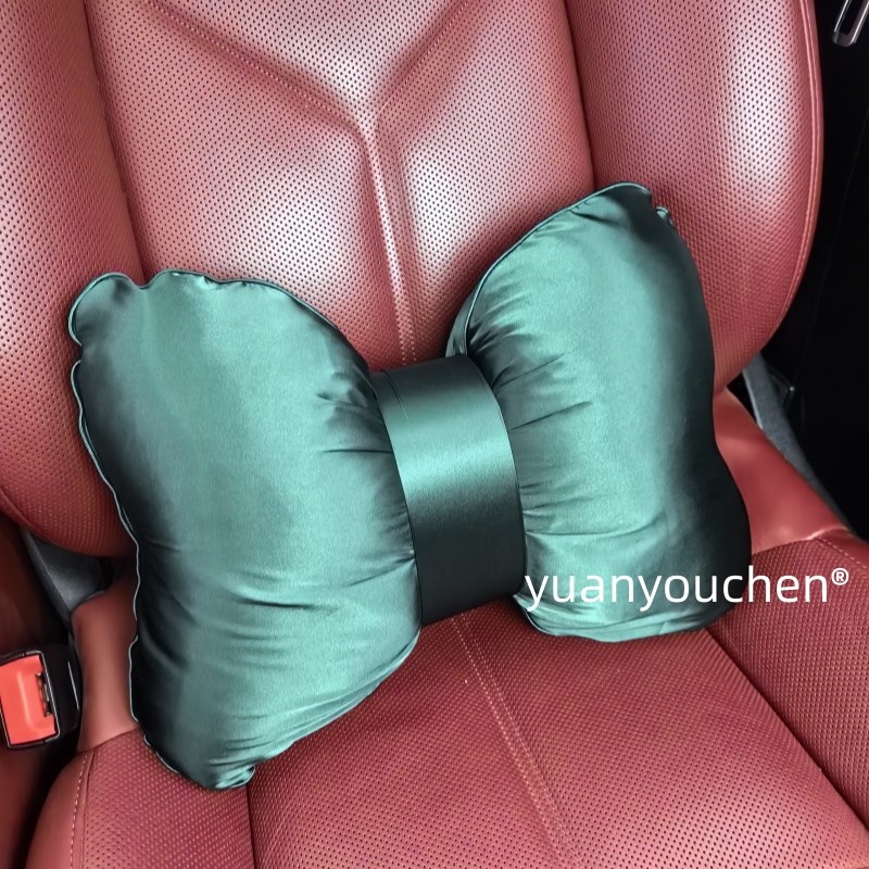 祖母石绿色高弹丝缎面汽车头枕可拆洗飘带蝴蝶结车载头枕腰靠