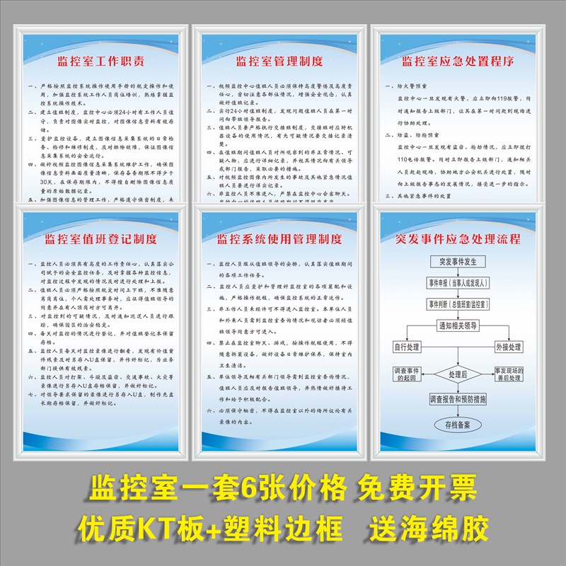 监控室管理规章一套6张制度值班使用应急流程上墙看板标语牌KT板