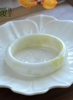 保真白玉手镯天然飘花蓝田玉镯菜花玉扁条复古岫玉镯子女生日礼物