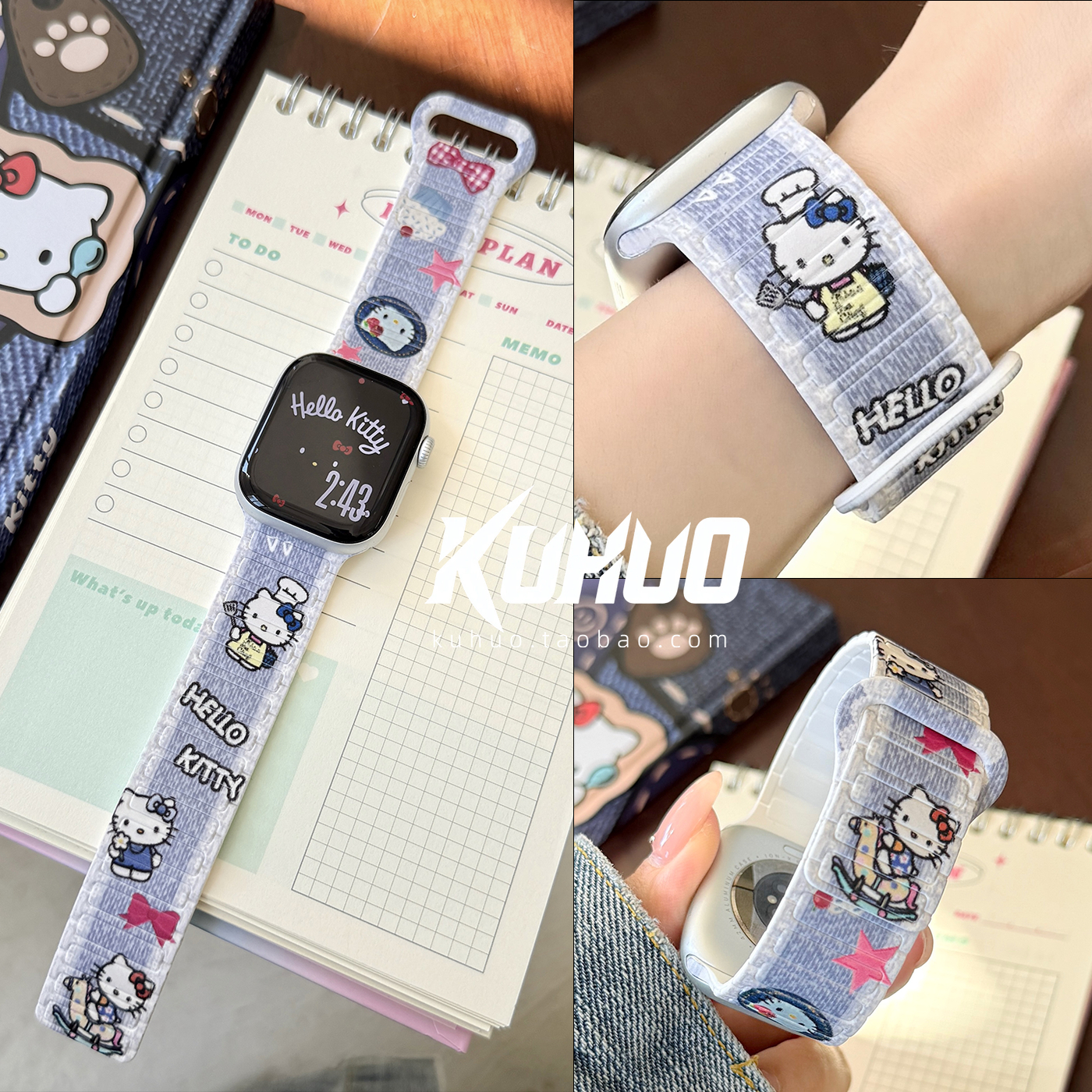 酷活适用于苹果手表iwatch s10表带S11可爱KT猫卡通图案硅胶磁吸运动applewatch987654321SE代Ultra女款腕带