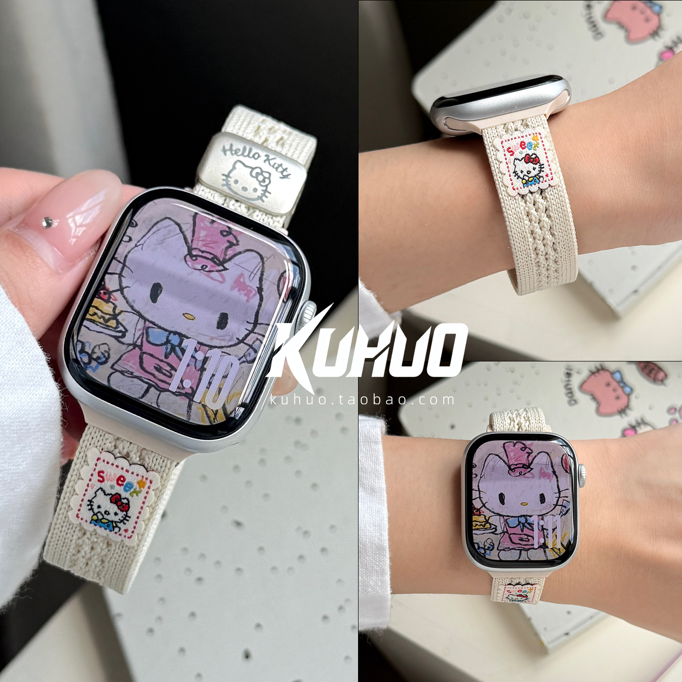酷活适用iwatch11苹果手表applewatch10表带s9可爱苹果kitty尼龙编织s8s7磁吸Ultra23新款45SE纯色s6女S9闺蜜