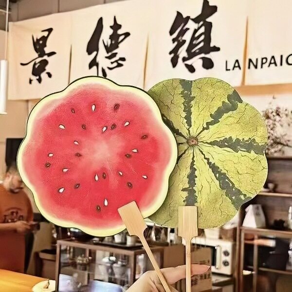 成品西瓜扇子夏日手绘风水果团扇