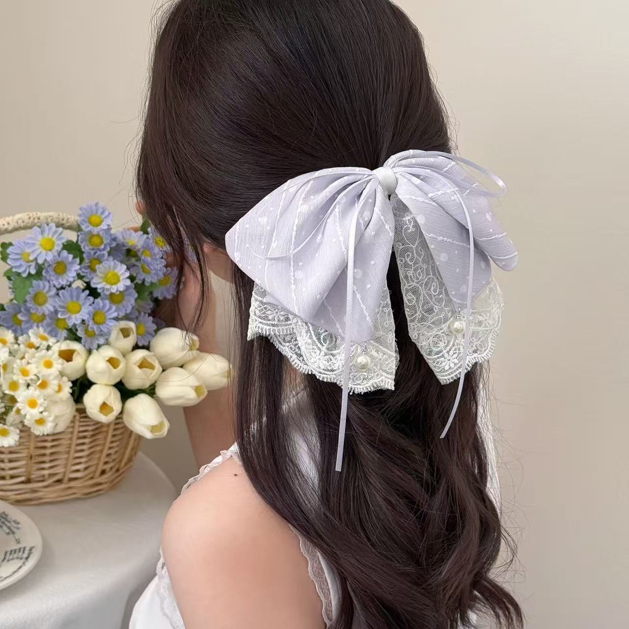 超仙紫色波点条纹雪纺发抓马尾夹