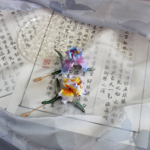 渐变蚕丝非遗绒花手工掐丝鸢尾花胸针古风汉服胸花新中式旗袍配饰