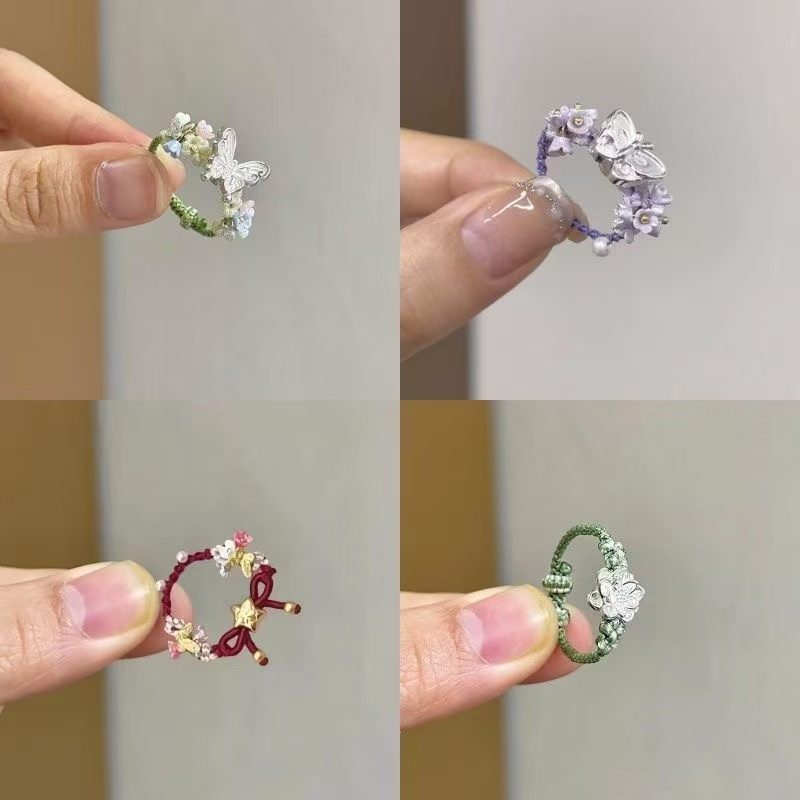 新中式食指蝴蝶花朵编绳戒指编织