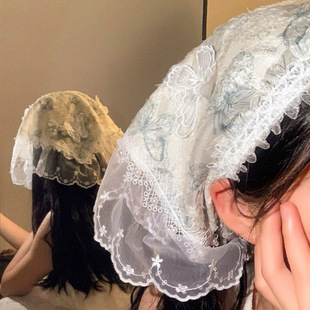 超仙森系蝴蝶蕾丝三角巾头巾女法式复古海边田园风拍照防晒公主风