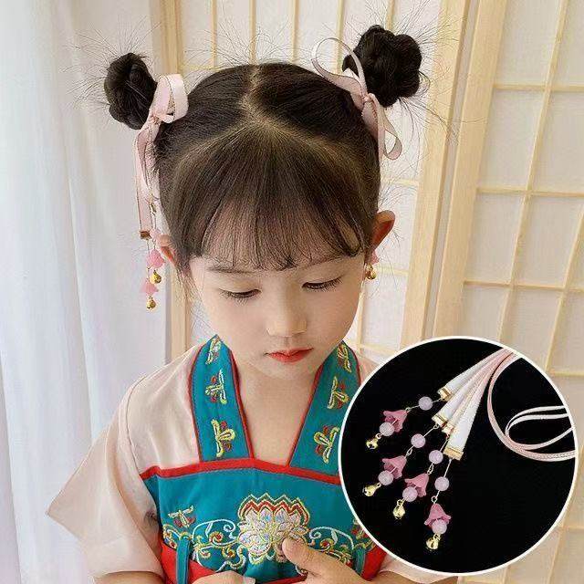 儿童汉服发簪头饰女童铃铛发绳飘带古风发带宝宝编发头绳女孩发饰