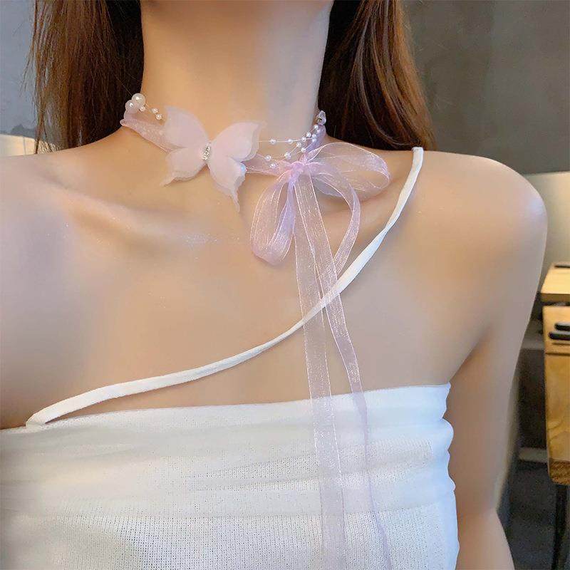 粉色丝带蝴蝶结项链女纯欲风蕾丝