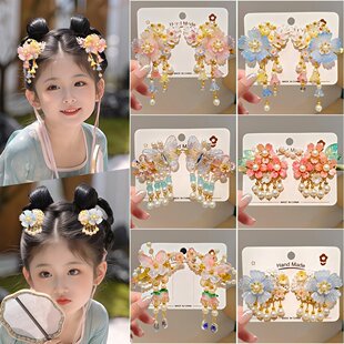 新年春节中式汉服超仙发夹女童发饰古风花朵流苏步摇发夹公主对夹