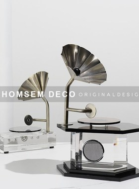 欧式复古水晶留声机样板房间售楼处书房玄关酒柜轻U奢装饰摆件礼