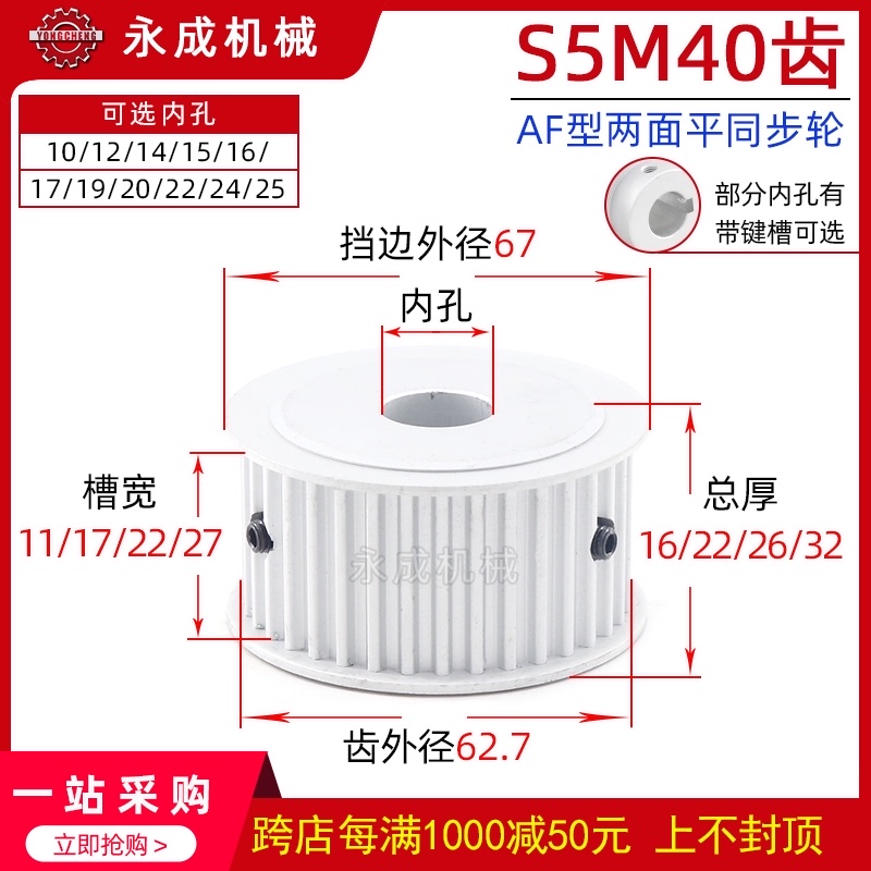 无台S5M40齿两面平40S5M150-A同步轮槽宽17皮带轮带轮W齿外径62.7