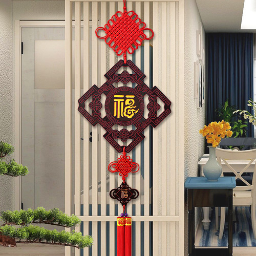 中国结挂件客厅大号桃木电视背景墙装G饰高档福字新中式入户门对