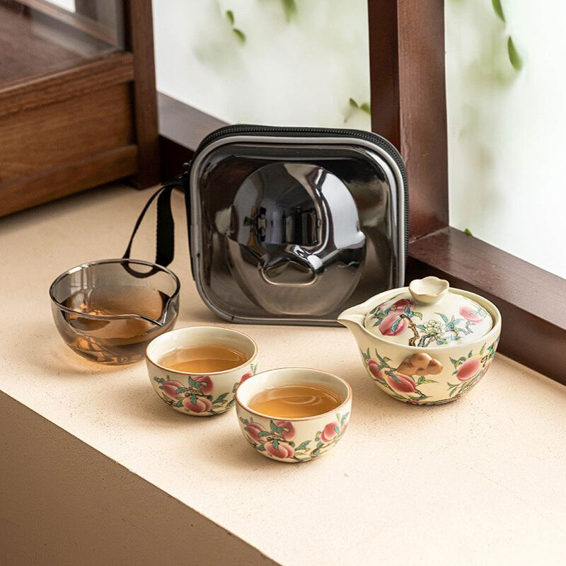 汝窑粉彩九桃旅行茶具套装户外便携式快客杯一壶三杯陶瓷茶壶茶杯