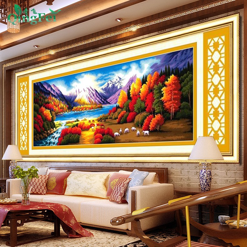 青飞秋色伊人十字绣大幅客厅风景枫树金色富锦富士山线绣有钻石画