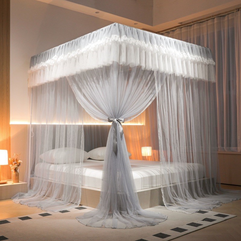 韩版公主风蚊帐一体式家用卧室床幔加厚加密烤漆支架方顶落地纹帐