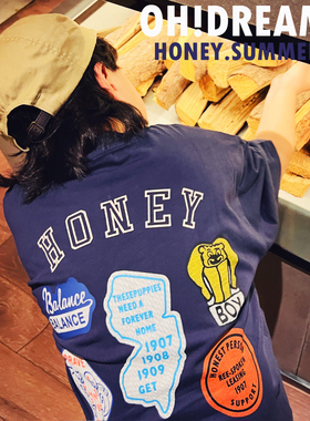 OH!DREAM 毛暴暴马卡龙 深蓝色DD新品徽章HONEY亲子短T