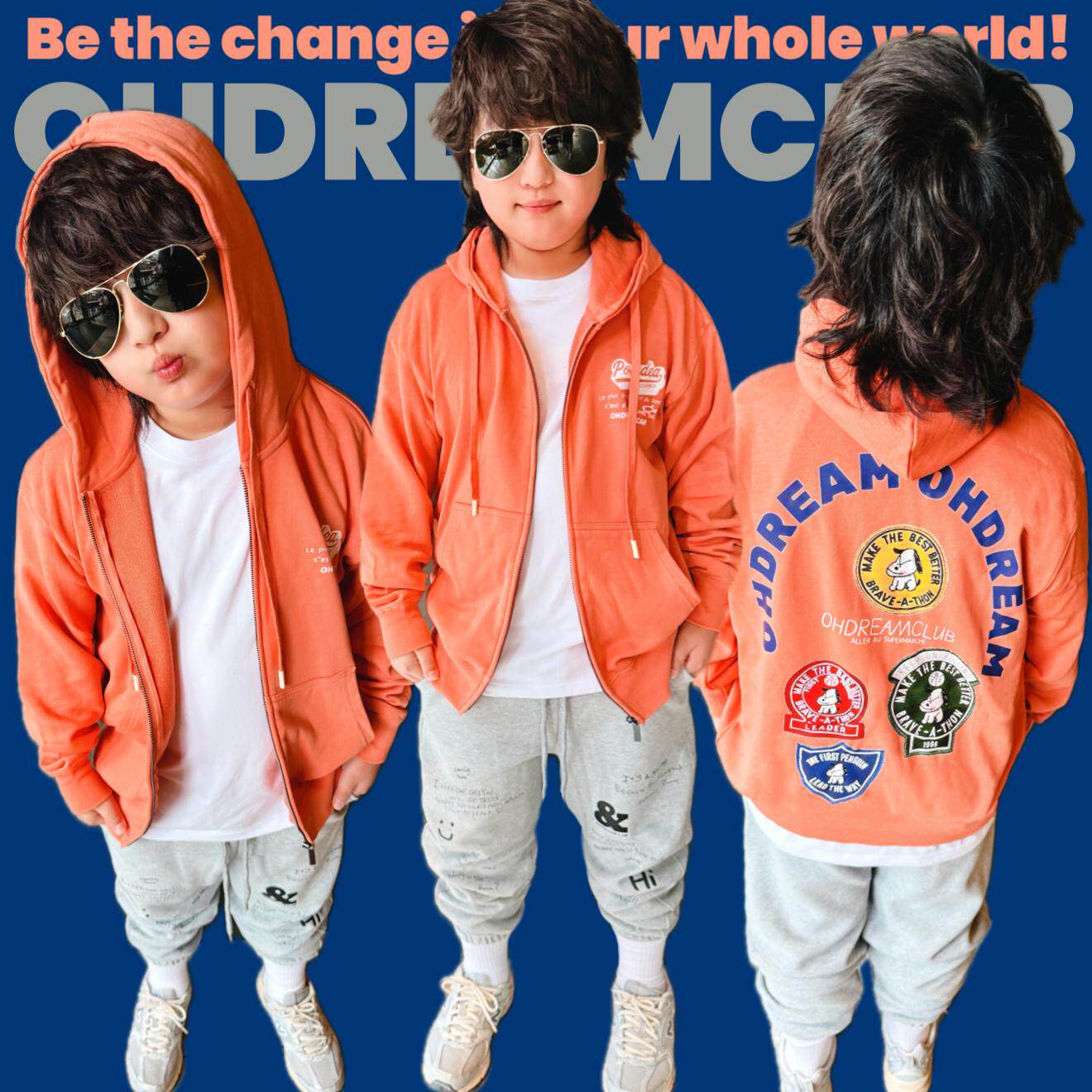 OHDREAM童装橘粉色男女童亲子徽章拉链卫衣开衫外套
