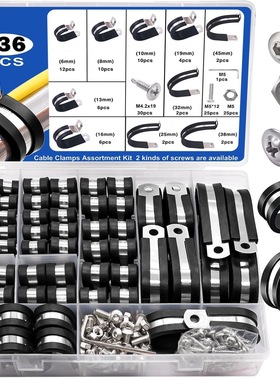 136PCS电缆夹组合套件304不锈钢橡胶垫管夹10 种尺寸跨境热销组合