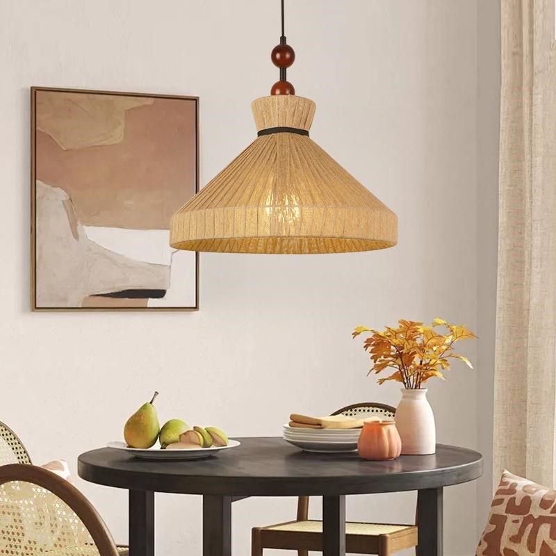 法式餐厅实木吊灯日式复古民宿卧室侘寂风黄麻布艺茶Y室氛围装饰