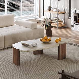 约164646寂侘风洞石茶几客厅家用现代简实木桌创意茶异形大理石复