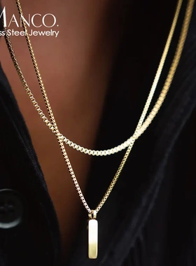 男士叠戴项链钛钢镀金盒子链细链