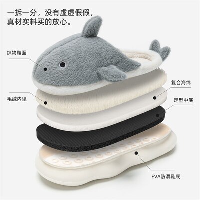 鲨鱼棉拖鞋男款秋冬季室内家居厚底保暖防滑毛毛绒可爱外穿拖鞋女
