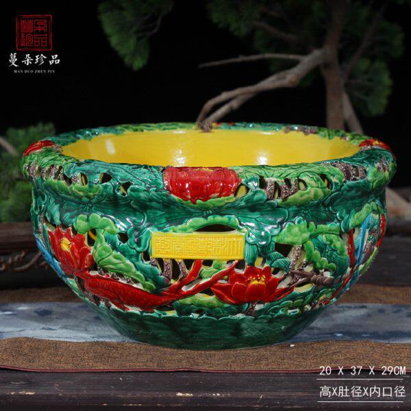 中式仿古瓷器进门钥匙缸 瓷器高档陈设水浅缸 彩色青花雕刻缸