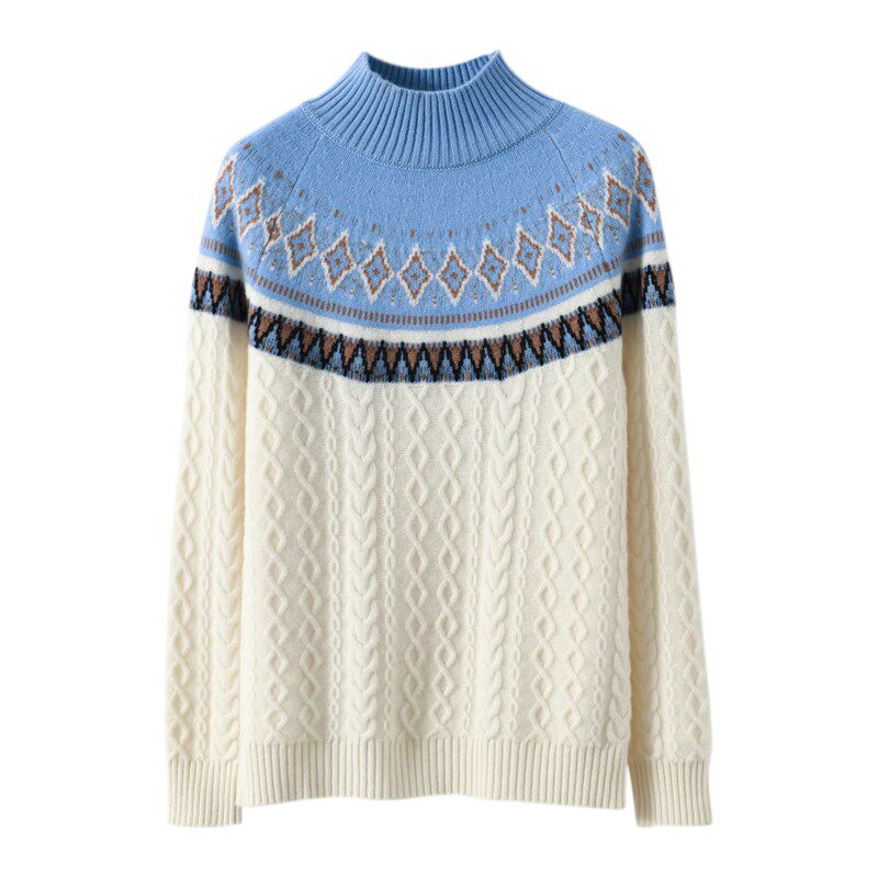 半高领羊毛衫女加厚提花复古针织衫民族风短款毛衣套头宽松羊绒衫