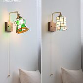 烁阳彩色手工玻璃壁灯复古床头民宿左右旋转调节自带拉线开关壁灯