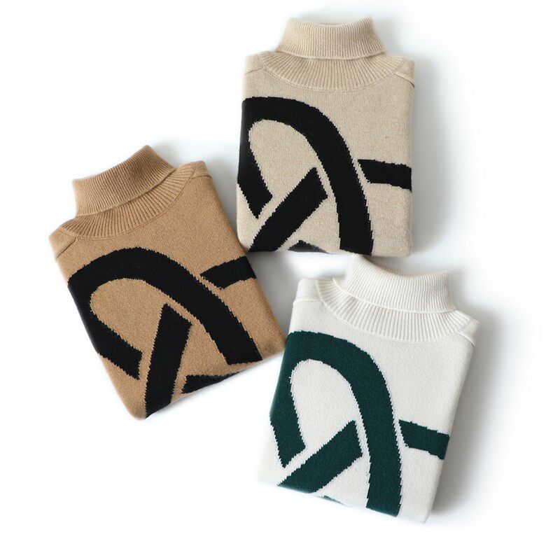 贼好看哈!几何线条编织高领羊绒衫女纯羊绒毛衣套头针织打底衫厚