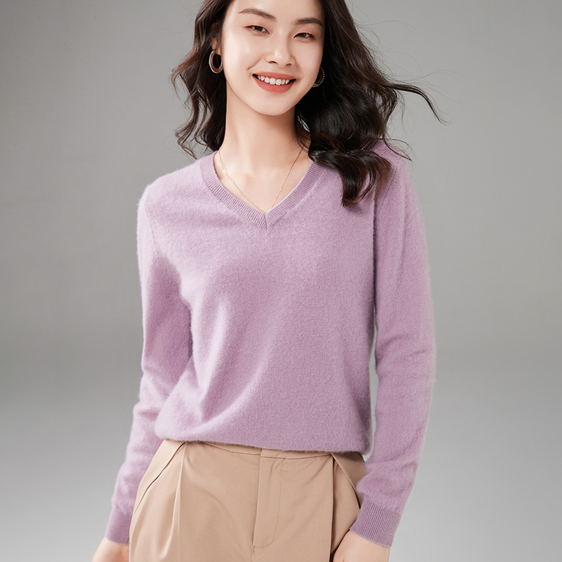 秋冬V领羊绒衫女100纯喀什米尔羊毛套头短款打底长袖百搭针织打底