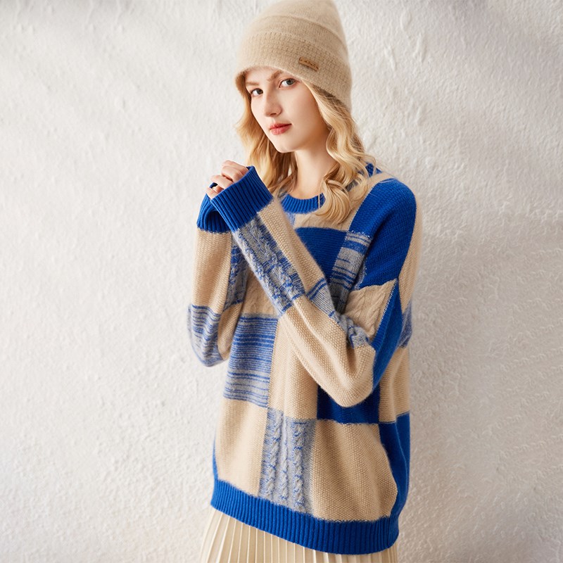 圆领宽松加厚羊绒衫女100%纯山羊绒撞色套头落肩袖针织打底衫毛衣