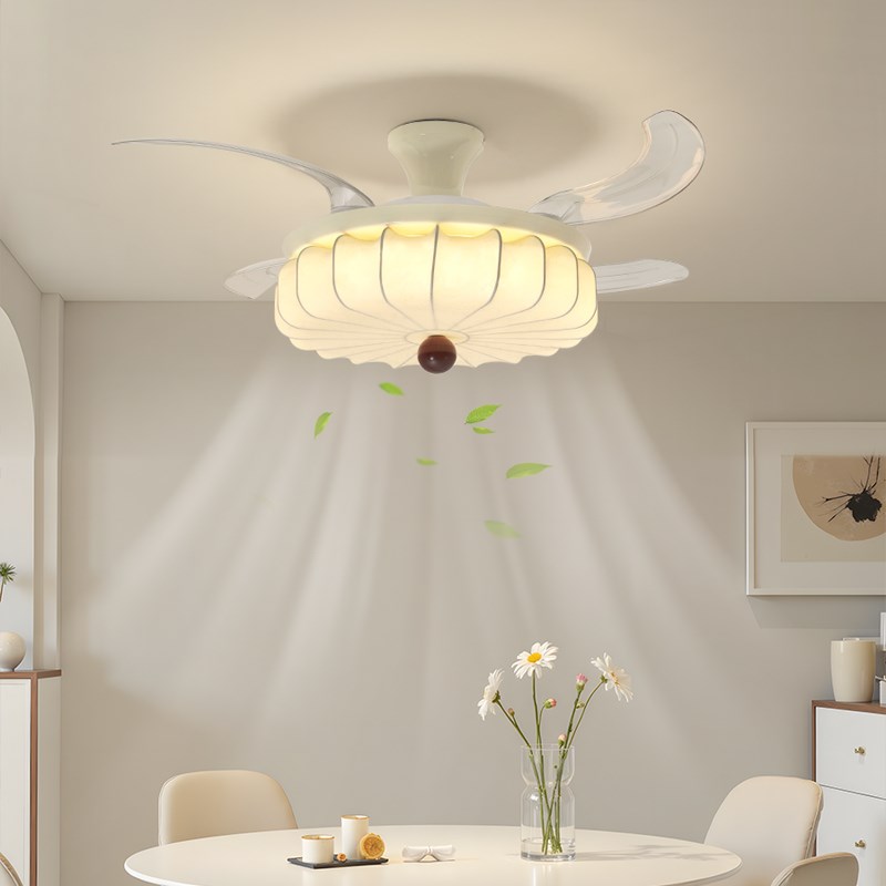 中古风卧室风扇灯宋代美学法式南瓜印花布艺隐形电扇灯餐厅吊扇灯