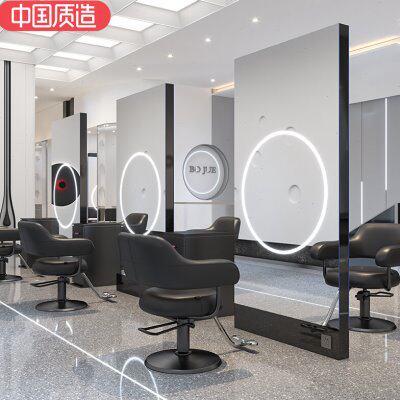 新款网红美发店镜台单双面落地镜理发店美发镜子发廊专用带灯落地