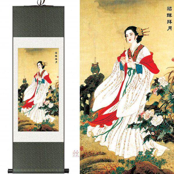 貂蝉拜月挂画 古代美女国画人物画 客厅装饰画 丝绸卷轴画已装裱